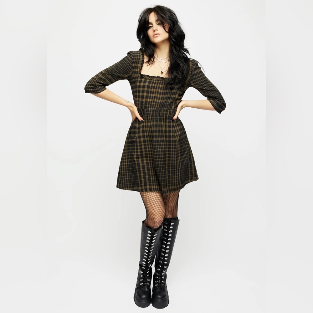MSRP $65 NWT US 6 DISTURBIA Dropout Check Ruffle Shirred Mini Dress